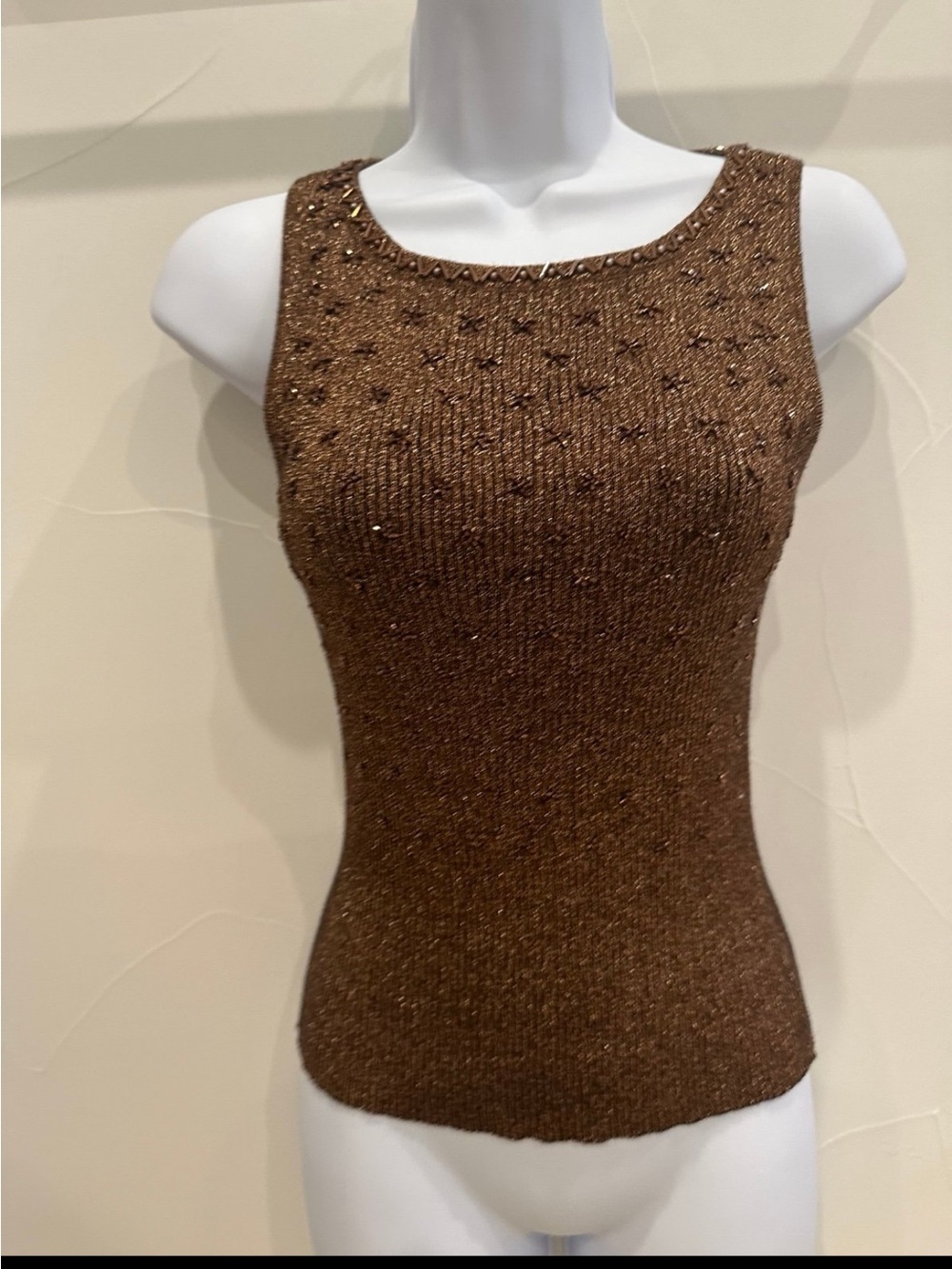 Cache Vintage T2K Metallic Gold Ribbed Silk Beaded Brown Top, Small